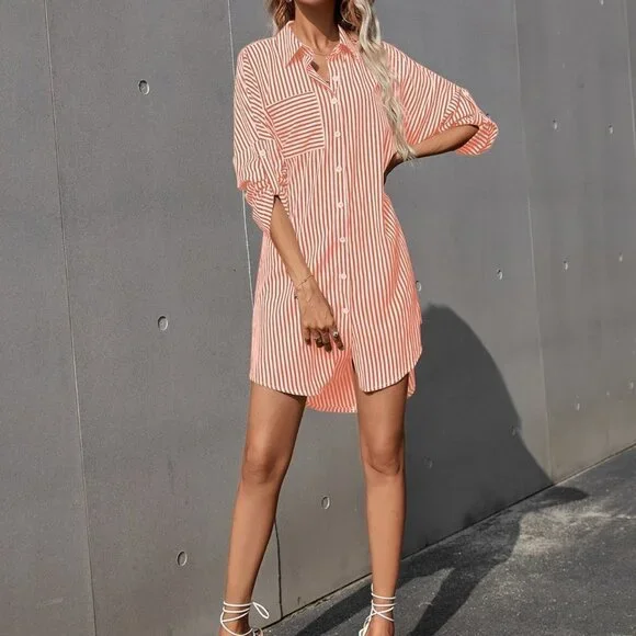 Coral Orange Casual Women's Striped Rolled Sleeve Shirt Dress - Picture 4 of 5
